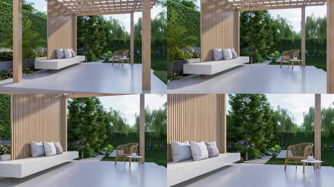 动画的现代风格的木亭子与花园景观3d渲染