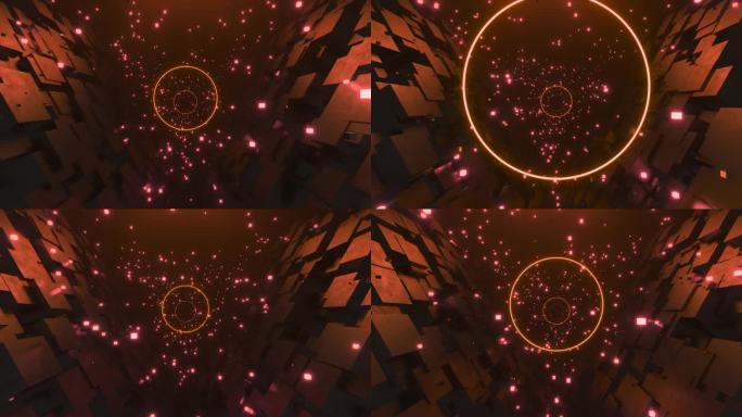 4K动画循环未来科幻抽象背景VJ循环橙色隧道动态图形。在中间圈出文字位置。科幻无缝循环视频完美的VJ
