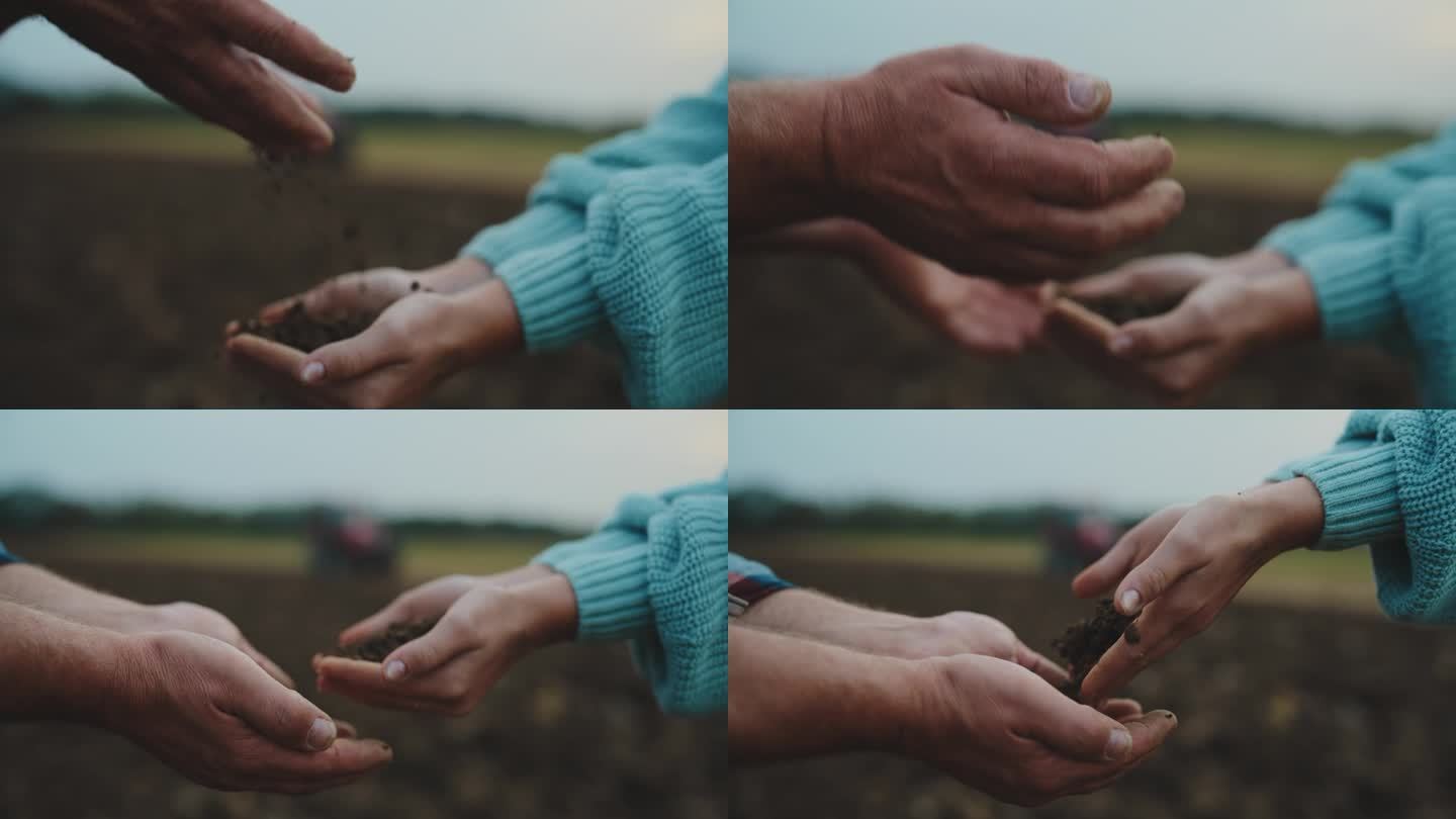 男女环保人士的双手互相赠土，双手捧在田里