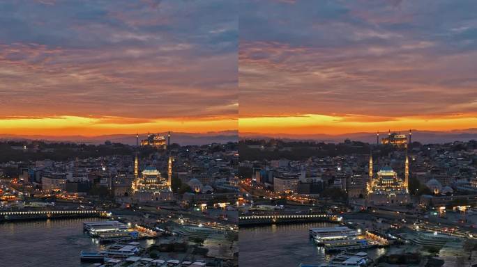 航拍伊斯坦布尔的夜间交响曲:Yeni Cami清真寺照明#城市灯光#GoldenHornMagic 
