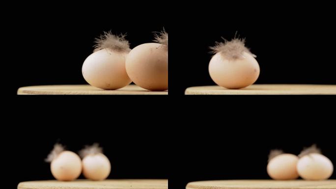 两个带羽毛的棕色鸡蛋放在旋转木桌上，黑色背景