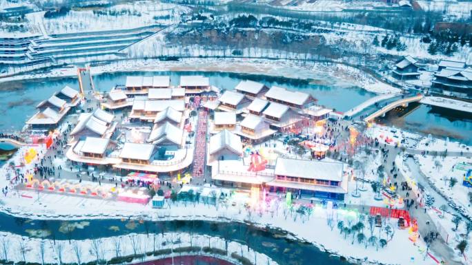 郑州贾鲁河古风民俗小镇明伦岛航拍延时雪景