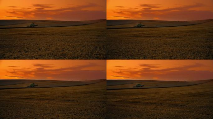 黄昏时分，橙色天空衬托下，成熟麦田里的联合收割机起重机镜头