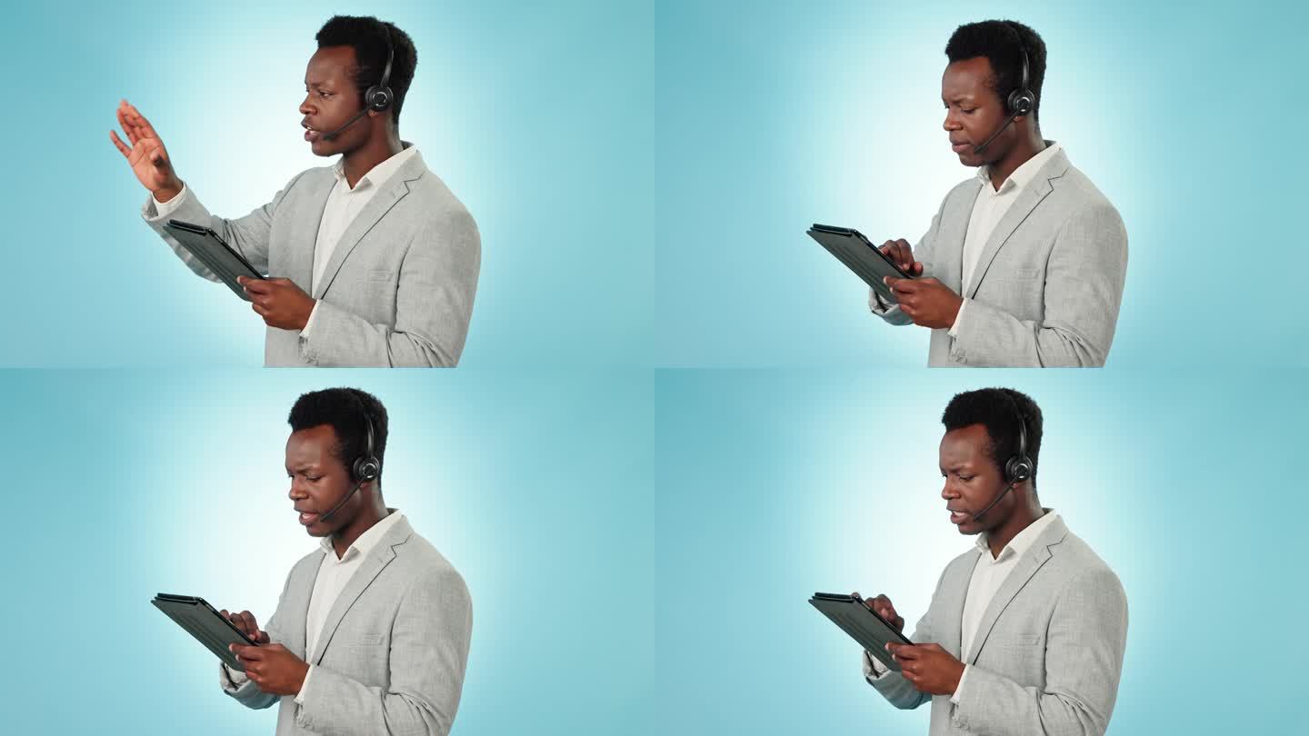 黑人，商业电话营销和平板电脑与网络帮助和对话的呼叫中心。工作室，蓝色背景与客户沟通，支持并建议与顾问