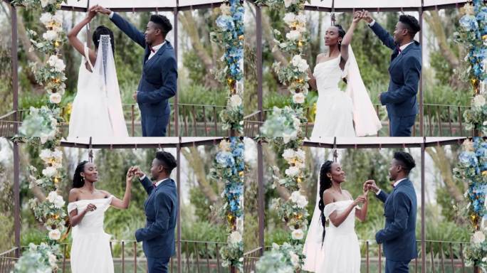 婚礼，第一个舞蹈和黑人夫妇在花园与爱，庆祝和兴奋的未来在一起。凉亭，男人和女人在婚礼招待会与鲜花，音