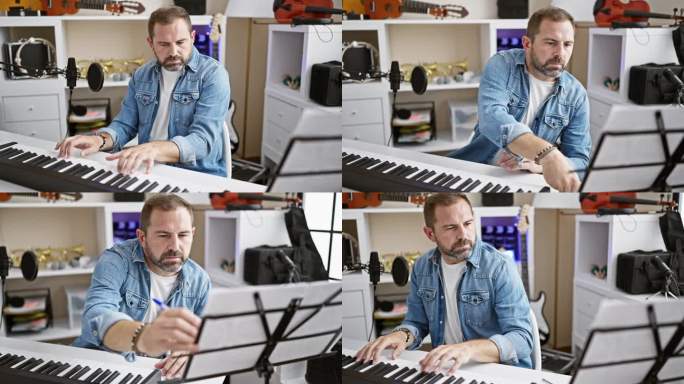 一个白发苍苍的成熟男人在设备齐全的家庭音乐工作室里专心致志地弹钢琴。