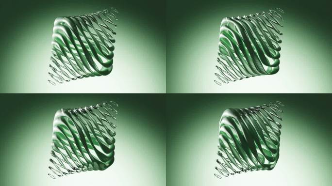 3d渲染与抽象艺术超现实的外星物质。液体物质呈曲线状，光滑柔软的生物形态，银色金属铬材料，绿色背景上