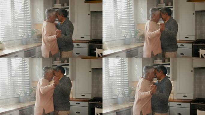 退休，在家和跳舞的老年夫妇与爱在家里，厨房或客厅照顾和支持在一起。幸福，老人与自由共舞，婚姻和平幸福