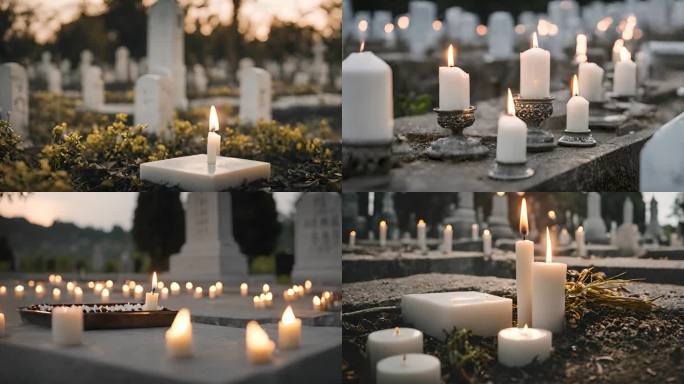 墓碑前燃烧的白色蜡烛