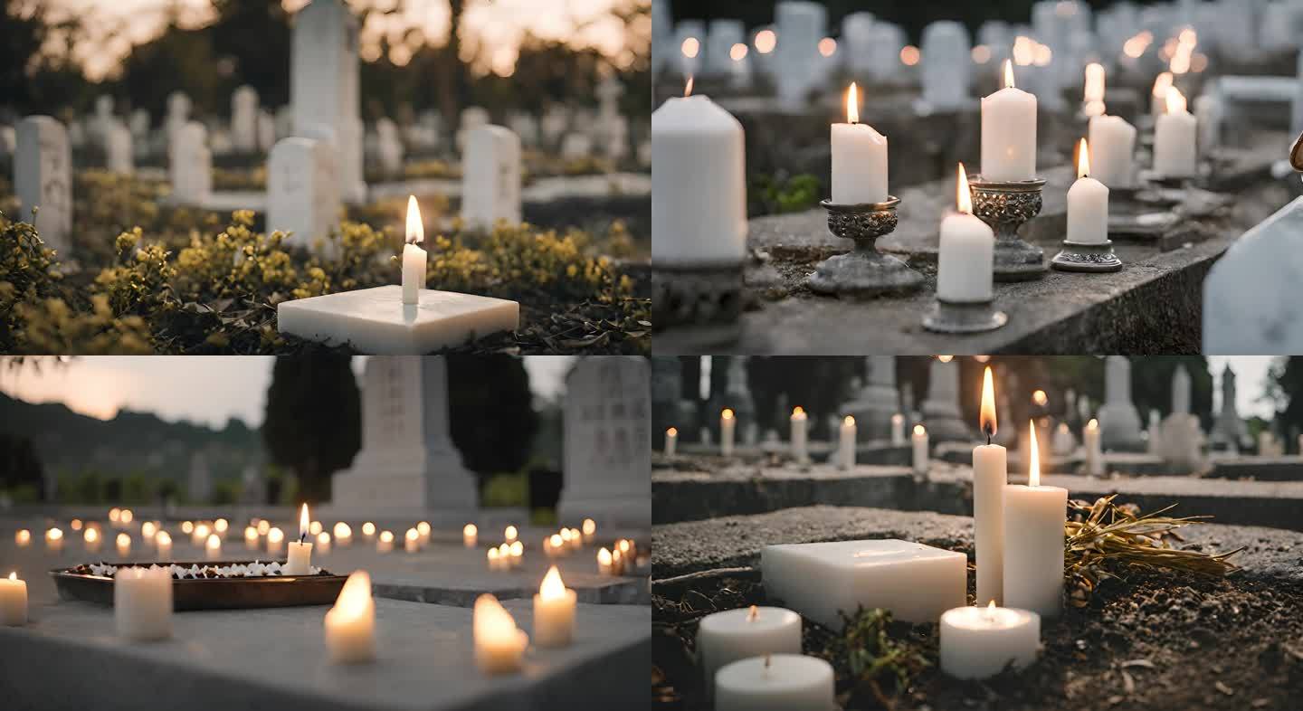 墓碑前燃烧的白色蜡烛