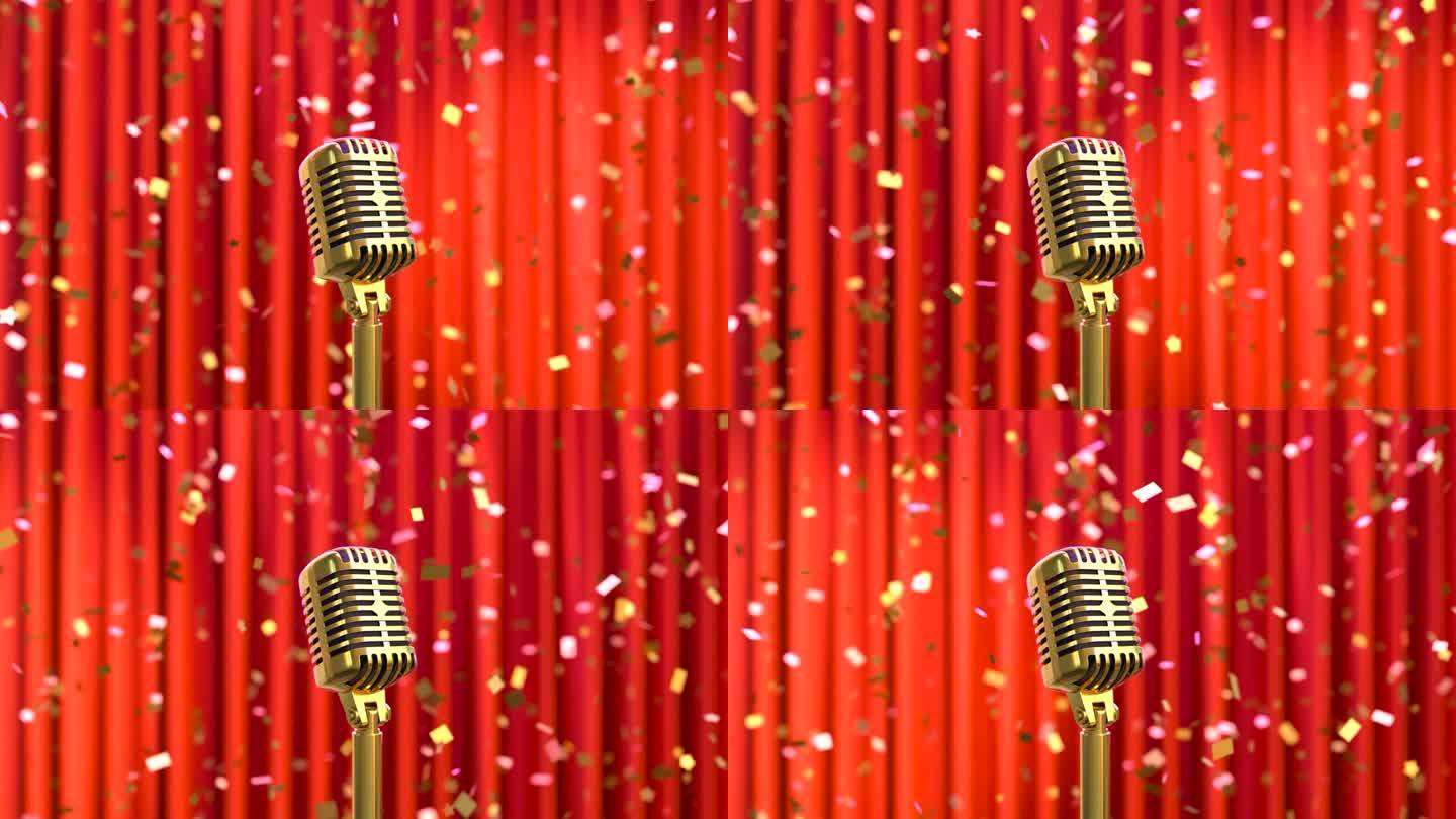 一个舞台上麦克风的循环视频，金色的纸屑飘落，背景是红色的窗帘