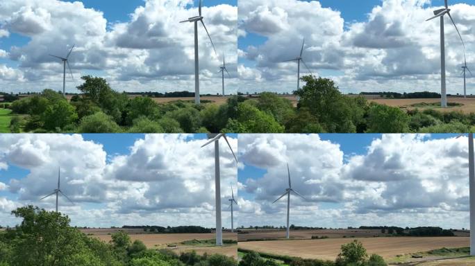 英国米尔顿凯恩斯附近乡村风力涡轮机的无人机视图