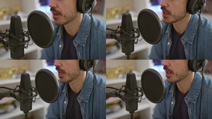 一个留着胡子的男人戴着耳机对着麦克风说话的特写。