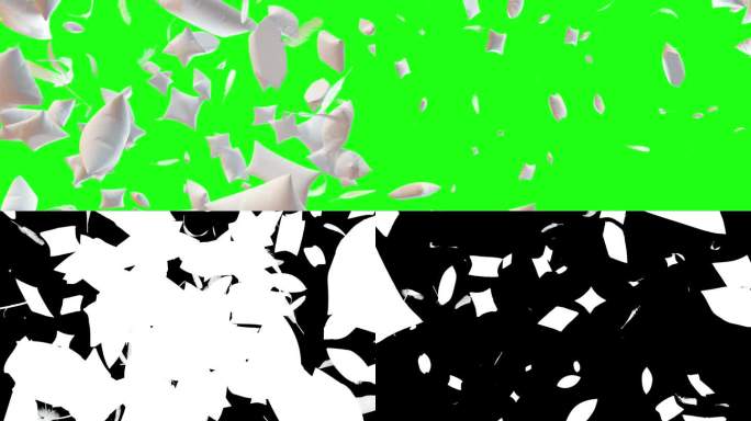 羽绒枕头和羽毛爆炸在绿色屏幕和alpha面具
