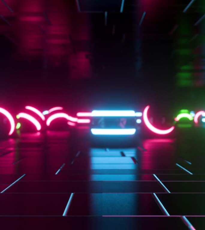 五颜六色的霓虹灯球在闪亮的地板上滚动。垂直循环动画