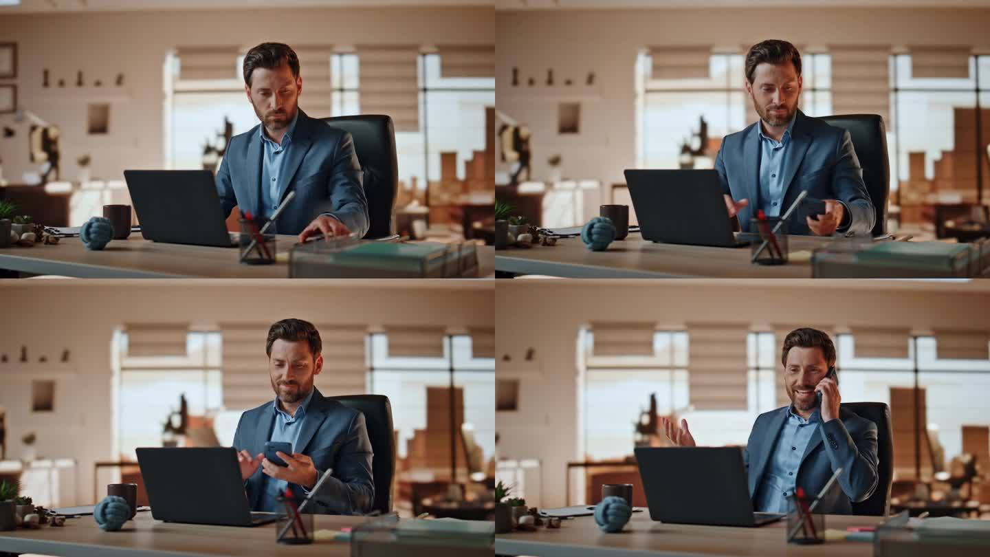 微笑的商人在工作场所的笔记本电脑桌旁接听电话。快乐老板谈话