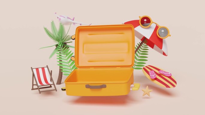夏天旅行时带上打开的空箱子，沙滩椅，太阳镜，冲浪板，雨伞，橙色背景上孤立的椰子树。概念，3d插图渲染