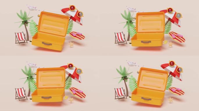 夏天旅行时带上打开的空箱子，沙滩椅，太阳镜，冲浪板，雨伞，橙色背景上孤立的椰子树。概念，3d插图渲染