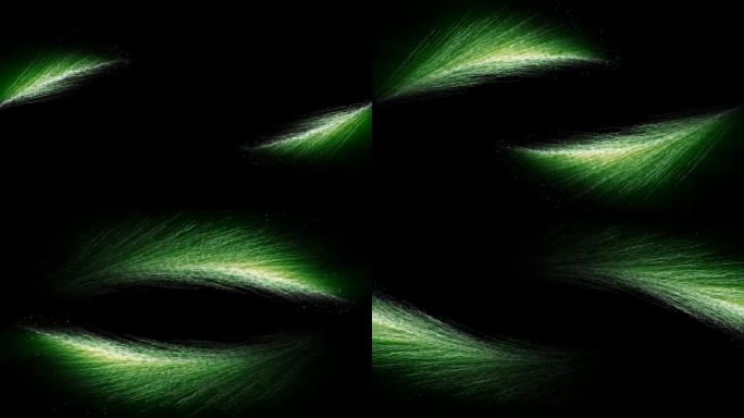在黑暗的背景上，抽象的绿色羽毛出现在背景的中间。具有灯光效果的抽象背景动画。效果动画可以叠加或添加到