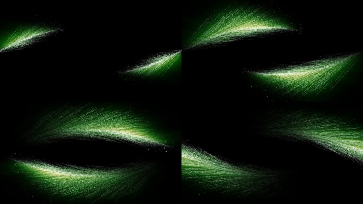 在黑暗的背景上，抽象的绿色羽毛出现在背景的中间。具有灯光效果的抽象背景动画。效果动画可以叠加或添加到