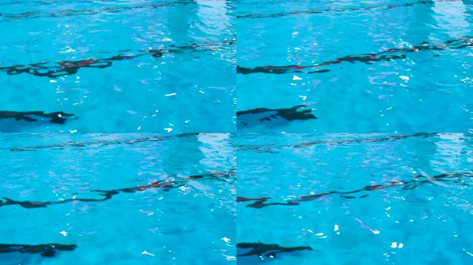 游泳池里的水在阳光的反射下荡起涟漪。泳池水面图案的背景照片。波纹和清澈的绿松石水面纹理