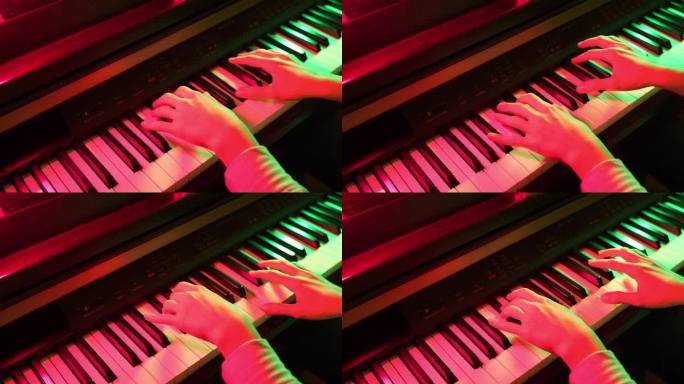 女孩弹钢琴，俯视图特写和彩色灯光