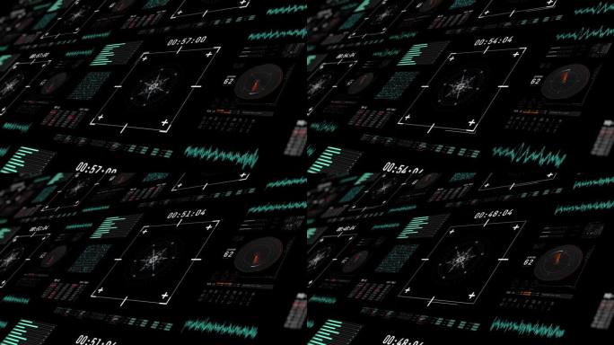 Hud -图形用户界面，科技圈运动图形风格的绿色，霓虹蓝和橙色在黑暗的背景与其他高科技元素。技术和未