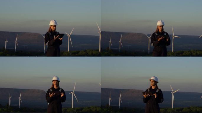 在风车绿色发电机领域工作的女性电力工程师。