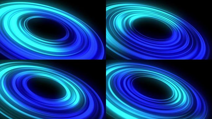 抽象的未来主义蓝色梯度发光霓虹灯圆形条纹黑色背景。能量光行星环旋转漩涡。可循环的4K动态图形。