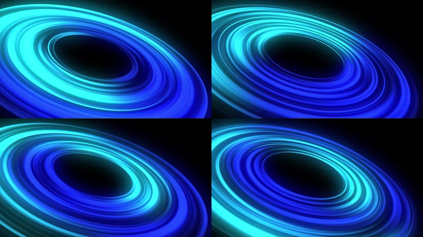 抽象的未来主义蓝色梯度发光霓虹灯圆形条纹黑色背景。能量光行星环旋转漩涡。可循环的4K动态图形。
