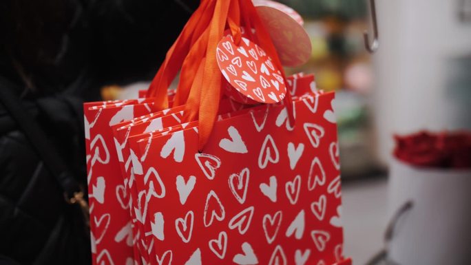 情人节特价。特写镜头。有爱心的红纸礼物袋。情人节的礼物，作为感情和爱的表达。为情人节购物