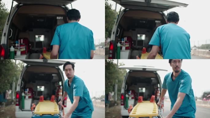 一名男护士正从急救车里拖出一张移动急救床