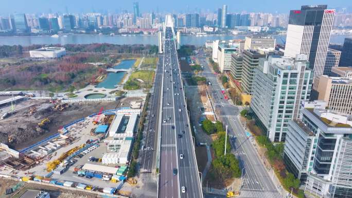 上海卢浦大桥航拍南北高架路浦东新区车流城