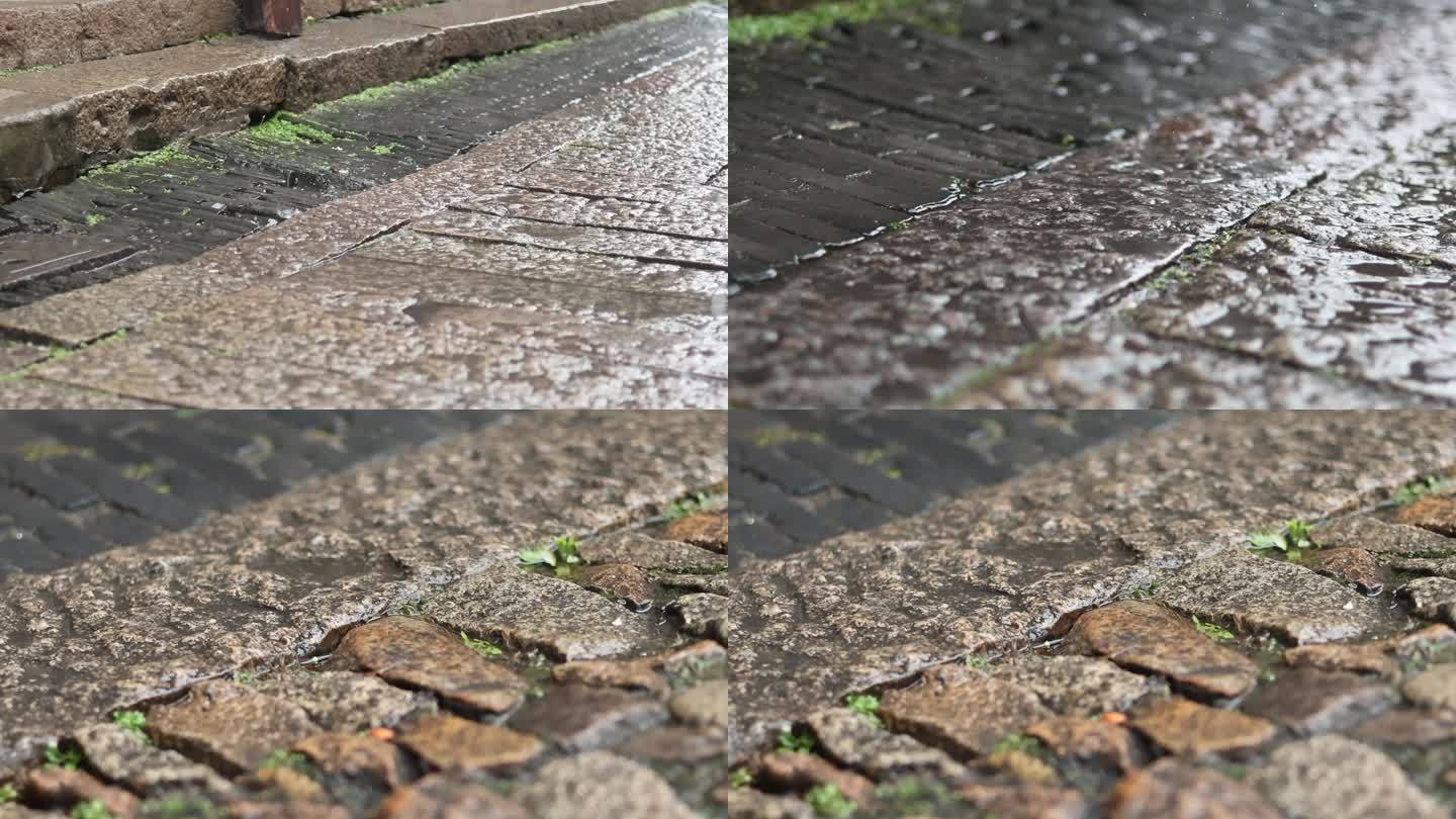 江南水乡雨季古镇青石板雨滴下落升格