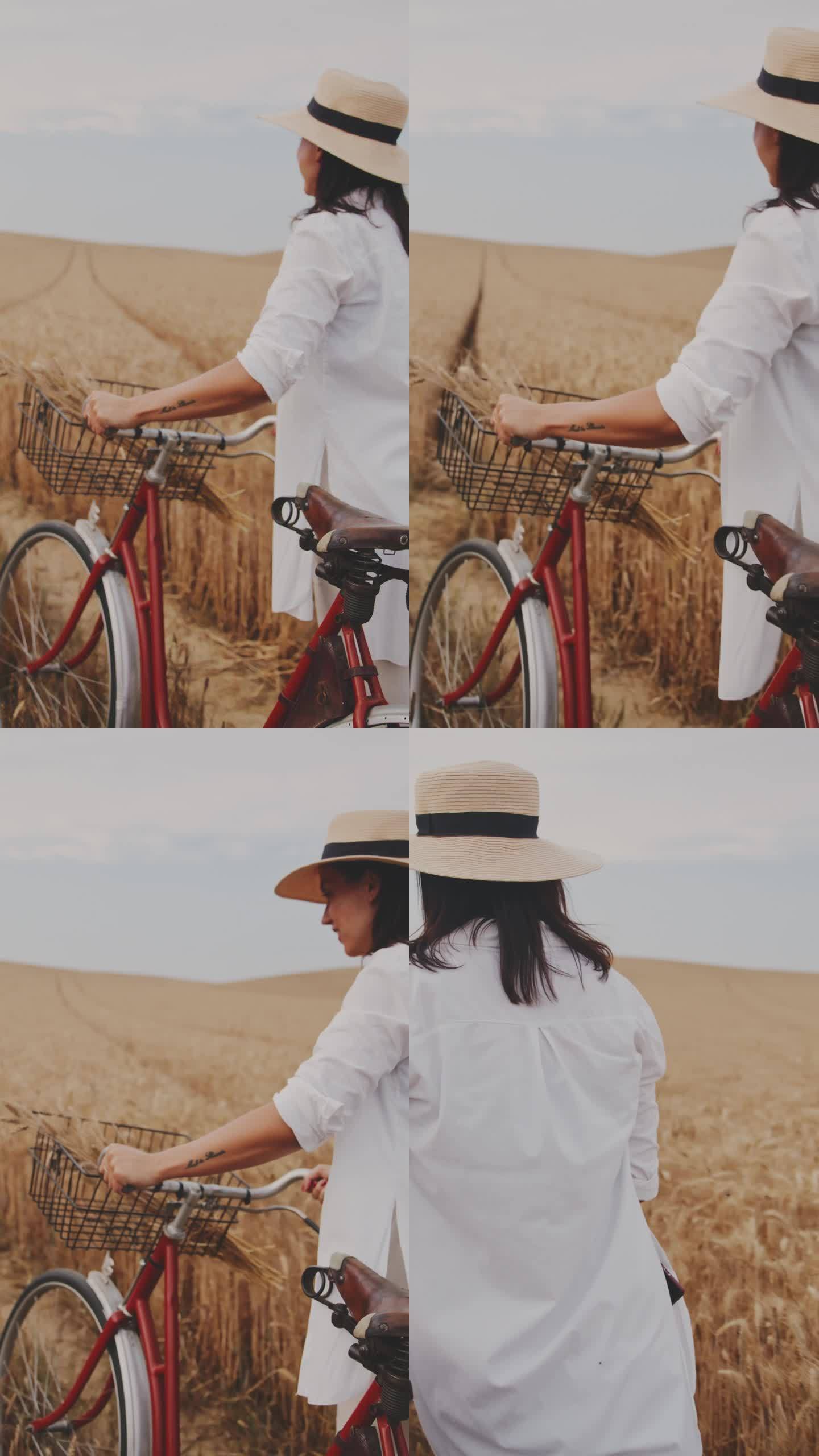 一名女子骑着自行车在金色的麦田里悠闲地散步
