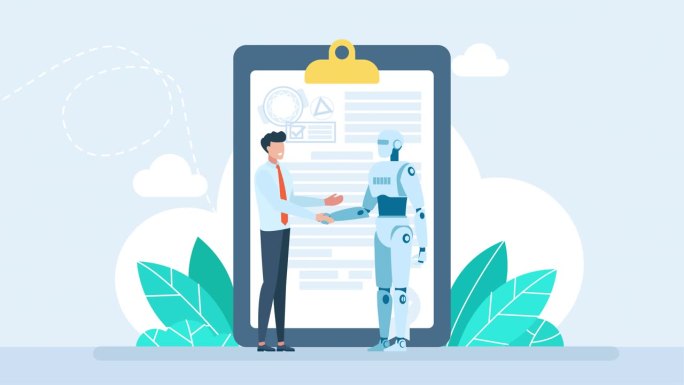 人和机器人在文件背景上握手。一个人和机器人握手。Cyberhuman友谊。商人和人工智能之间的协议。