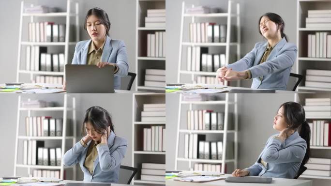 长期坐在办公室的亚洲女性正遭受着身体和肩膀疼痛的折磨。在办公室用笔记本电脑工作的女商人，在休息或下班