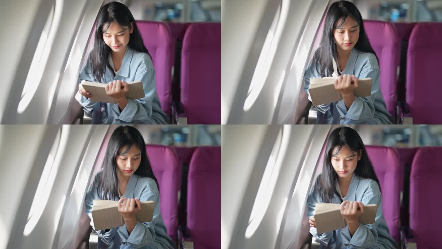 亚洲女游客读书，充分利用乘飞机旅行的时间