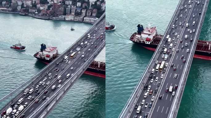 标志性的法提赫苏丹穆罕默德大桥上的空中交通和在桥下航行的集装箱船# istanbul - vibes