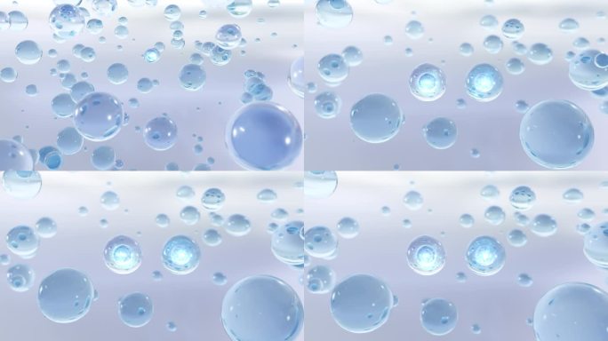 化妆品的3D动画，许多原子漂浮在水中。