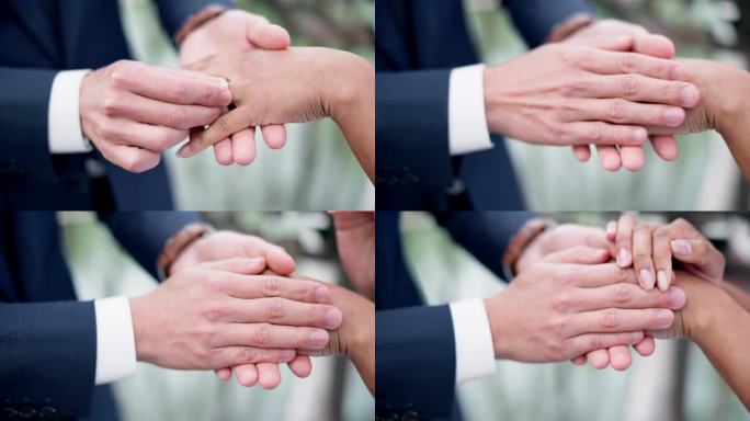 一对夫妇，手和戒指表示结婚，承诺或婚礼仪式，爱或支持在一起。人们结婚的特写，誓言或配件，象征着纽带，