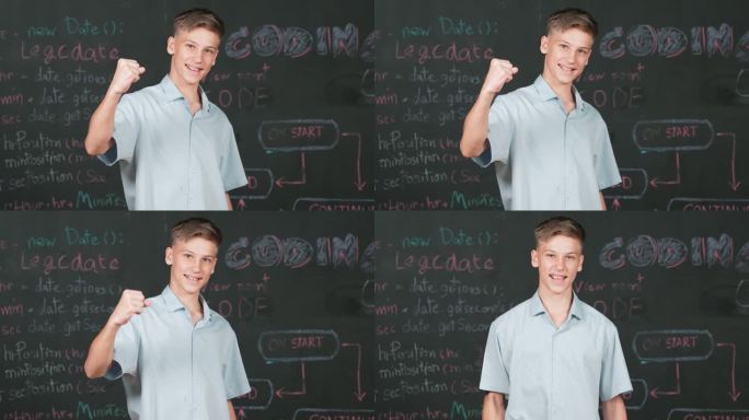 帅气的成人站在黑板前上STEM课。启迪