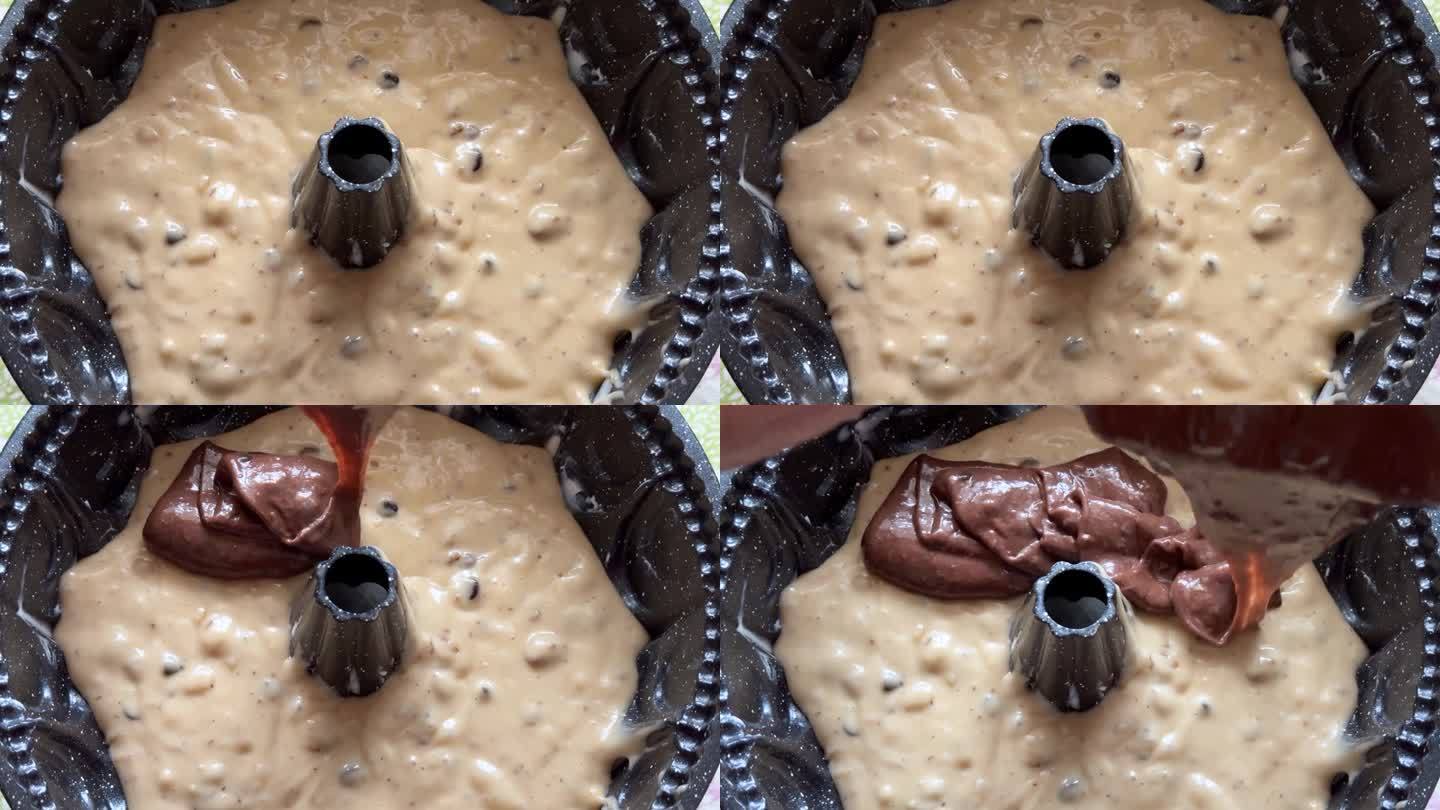面包师用巧克力酱装饰蛋糕