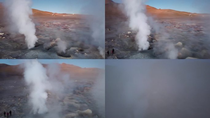 航空摄像机从地质间歇泉喷出的热气蒸汽中飞过
