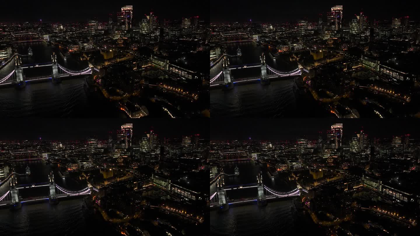 灯火通明的伦敦塔桥鸟瞰图，伦敦塔桥夜景，泰晤士河碎片河和伦敦市中心，伦敦塔桥夜景，伦敦塔桥和泰晤士河