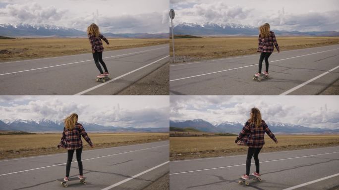 一个女人在空旷的道路上玩滑板，阴天下的山景令人叹为观止