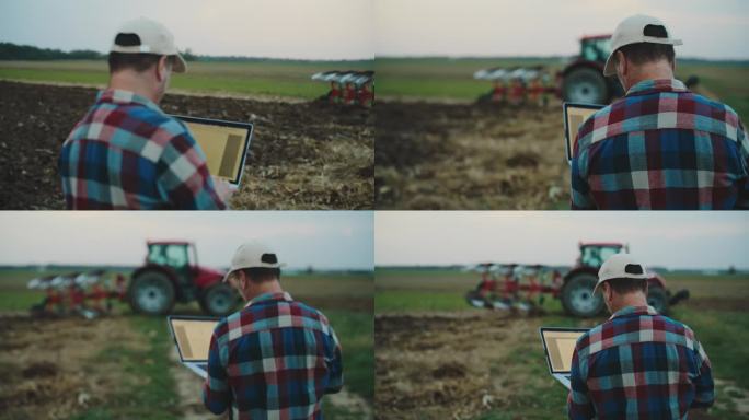 黄昏时分，男性农民使用手提电脑犁地的后视图