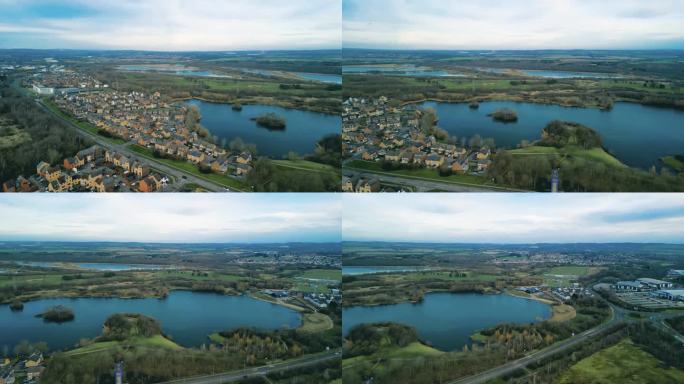 曼弗斯湖滨水区游艇俱乐部的4K空中无人机镜头，迪尔恩谷信托基金，迪尔恩湖，罗瑟勒姆，南约克郡，英格兰