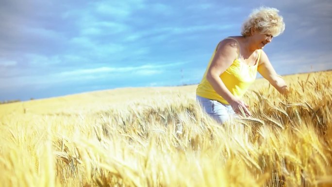 品味夏天的恩惠:一个女人走过阳光普照的麦田，庆祝丰收