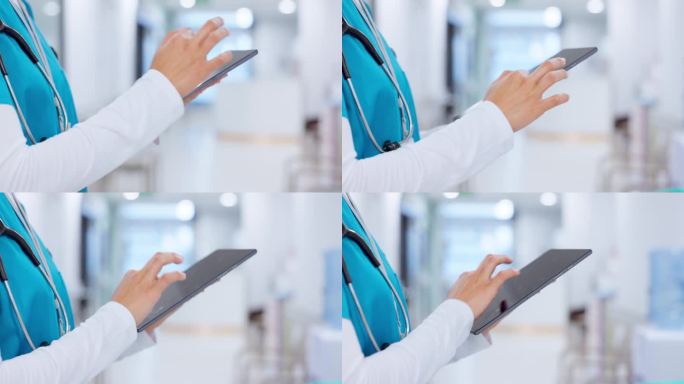 医生、个人或手持平板电脑，用于医院的通信、远程保健和医疗谈话。医学，专家或专业人士，触摸屏联网，搜索